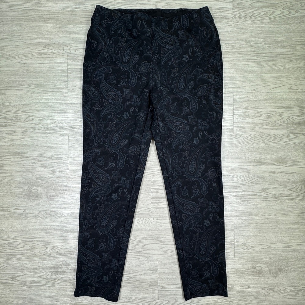 Chico's Women's Pants Paisley Print Pull On Black‎ Size 2 Large Stretch Slim Leg